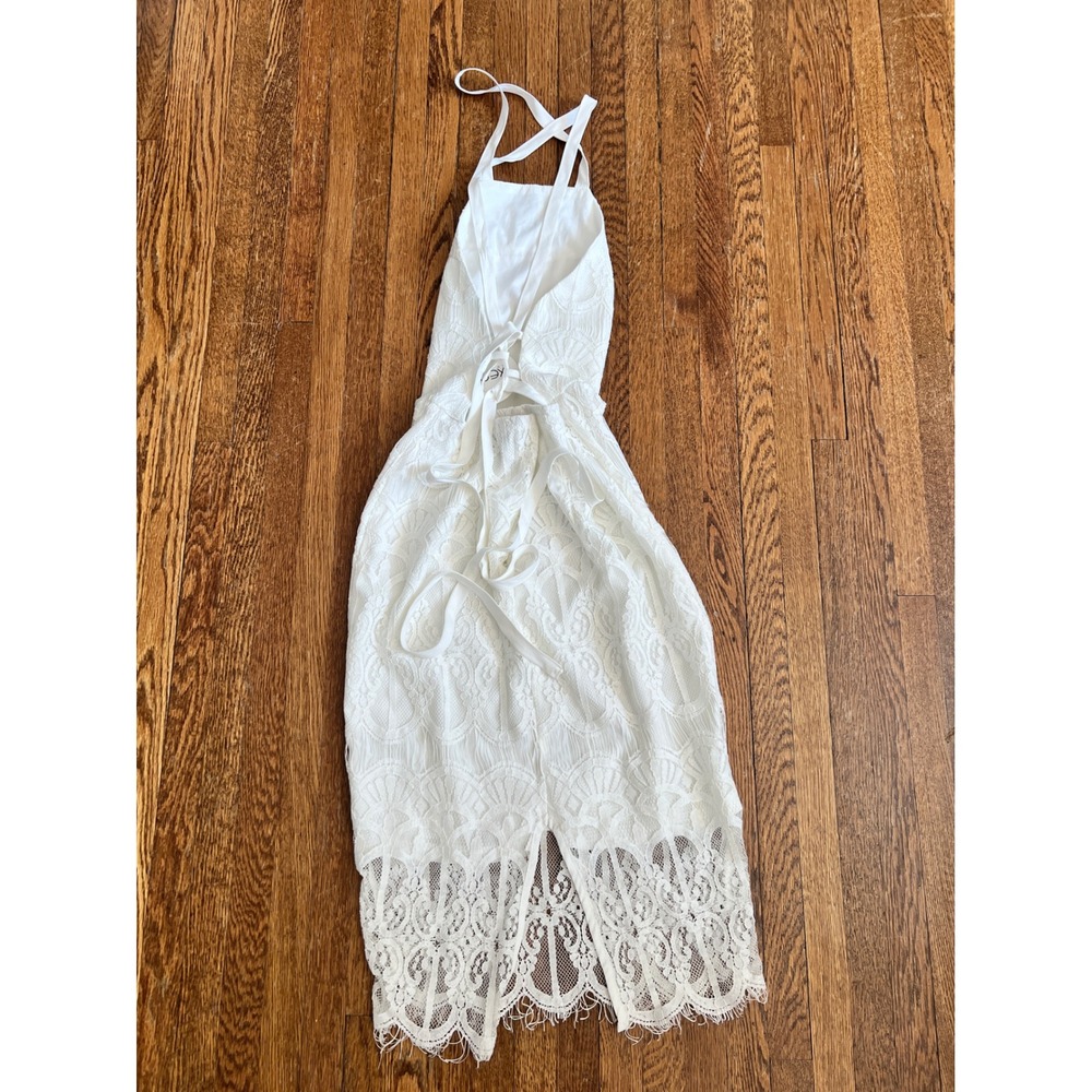 Xenia Boutique White Lace Halter Midi Dress Open Back Lace Up Bridal Event Sz 8 - Picture 2 of 4